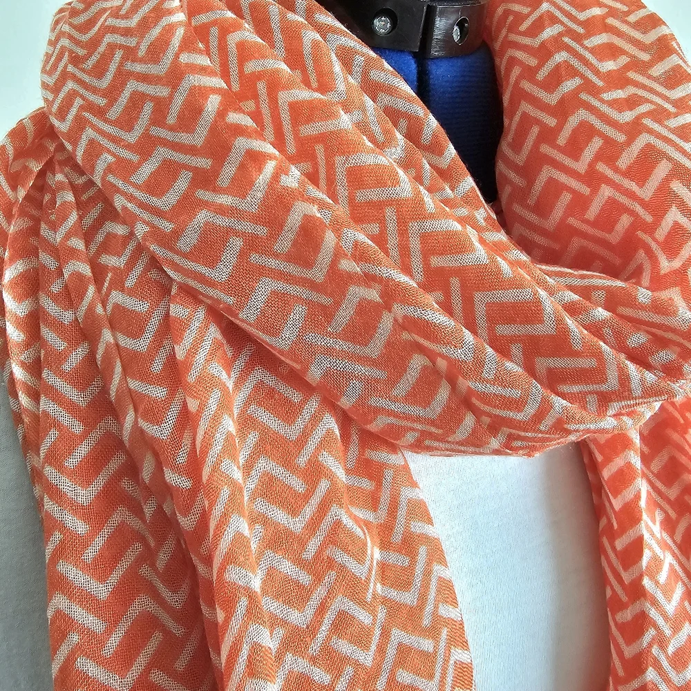 Boho Geometric Scarf Bright Modern Orange White Lightweight Fringe Summer Wrap